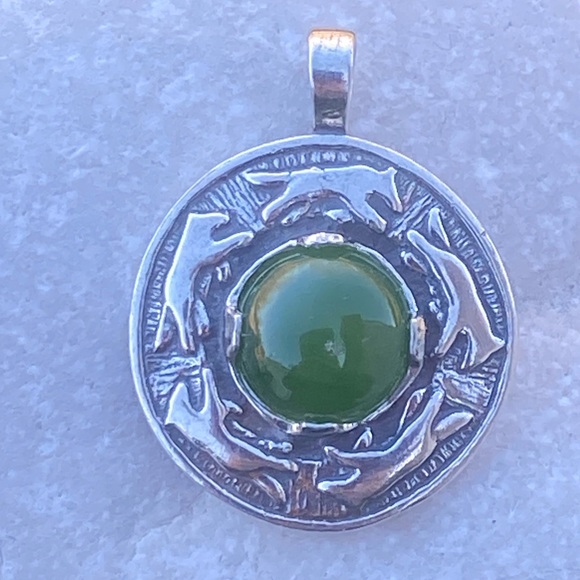 Wolf Dance Pendant .925 Sterling Silver w/ genuine Jade gem made in the USA - Picture 2 of 10